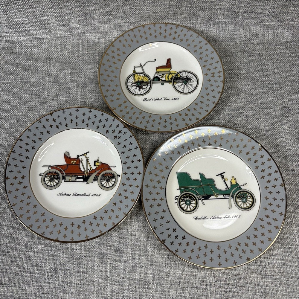 Cavalier Eggshell Karol China Antique Car Plates Fleur de Lis 22K Gold Set of 3